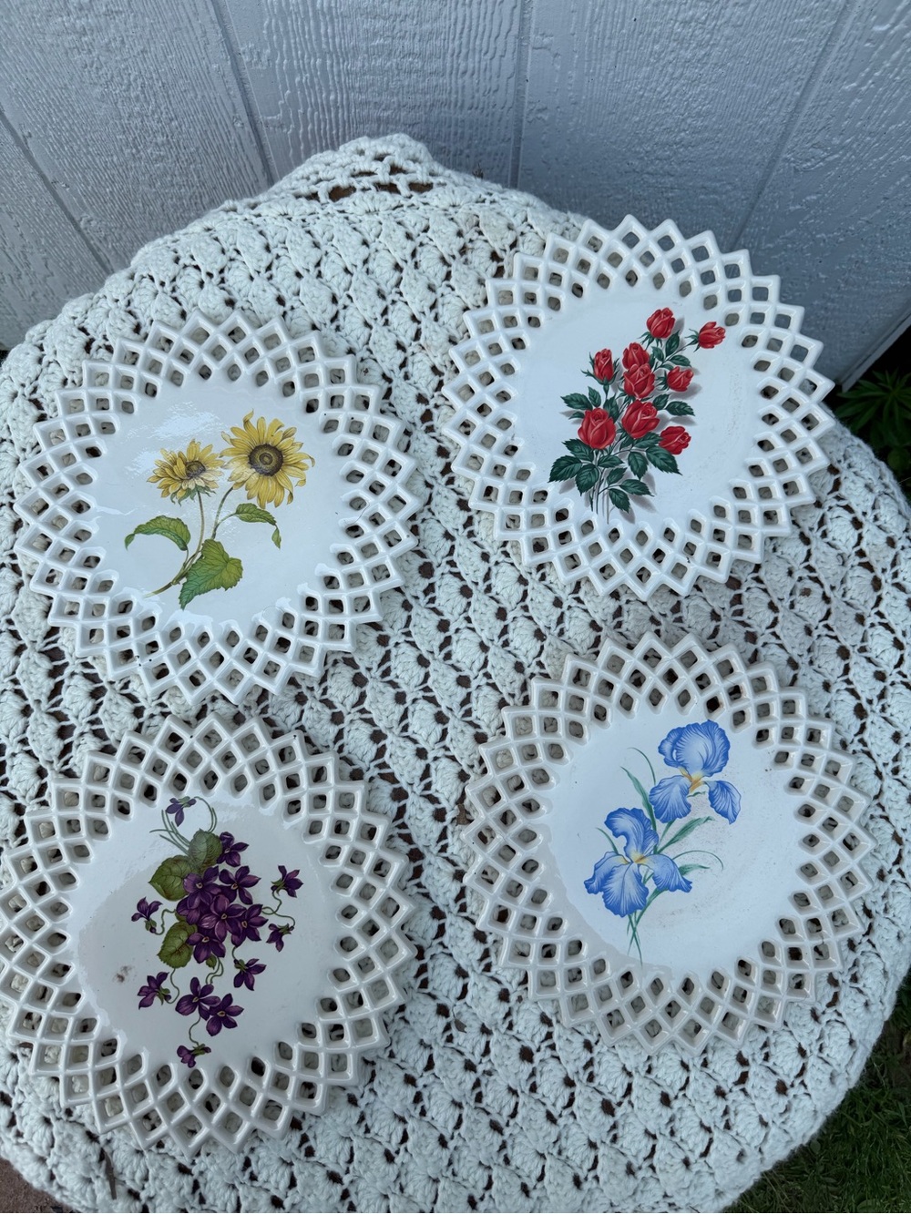 Set of 4 White Lattice Floral Ceramic Plates - Sunflower, Roses, Violets, Irises